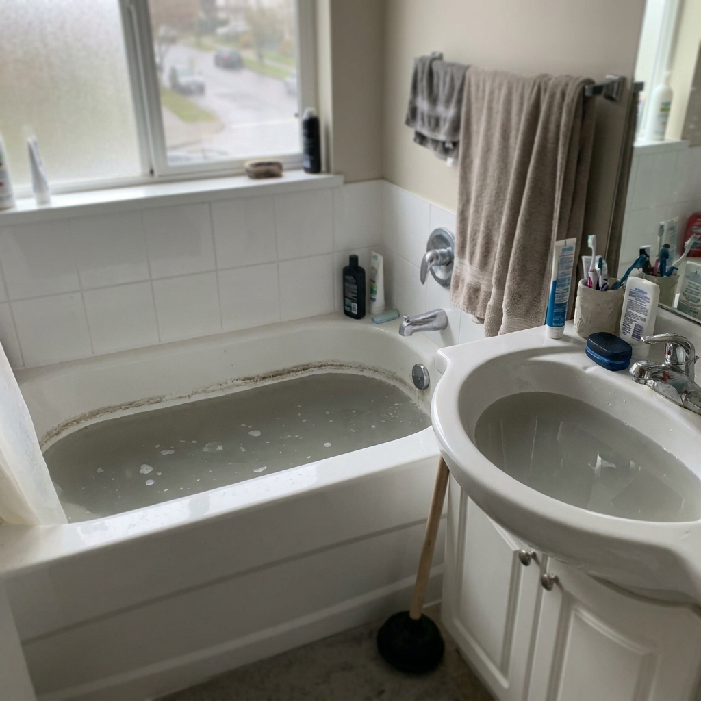 A clogged, slow-draining bathtub and sink full of murky water
