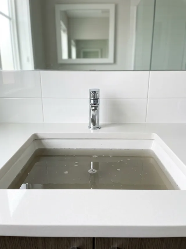 Sink full of murky standing water — clogged drain