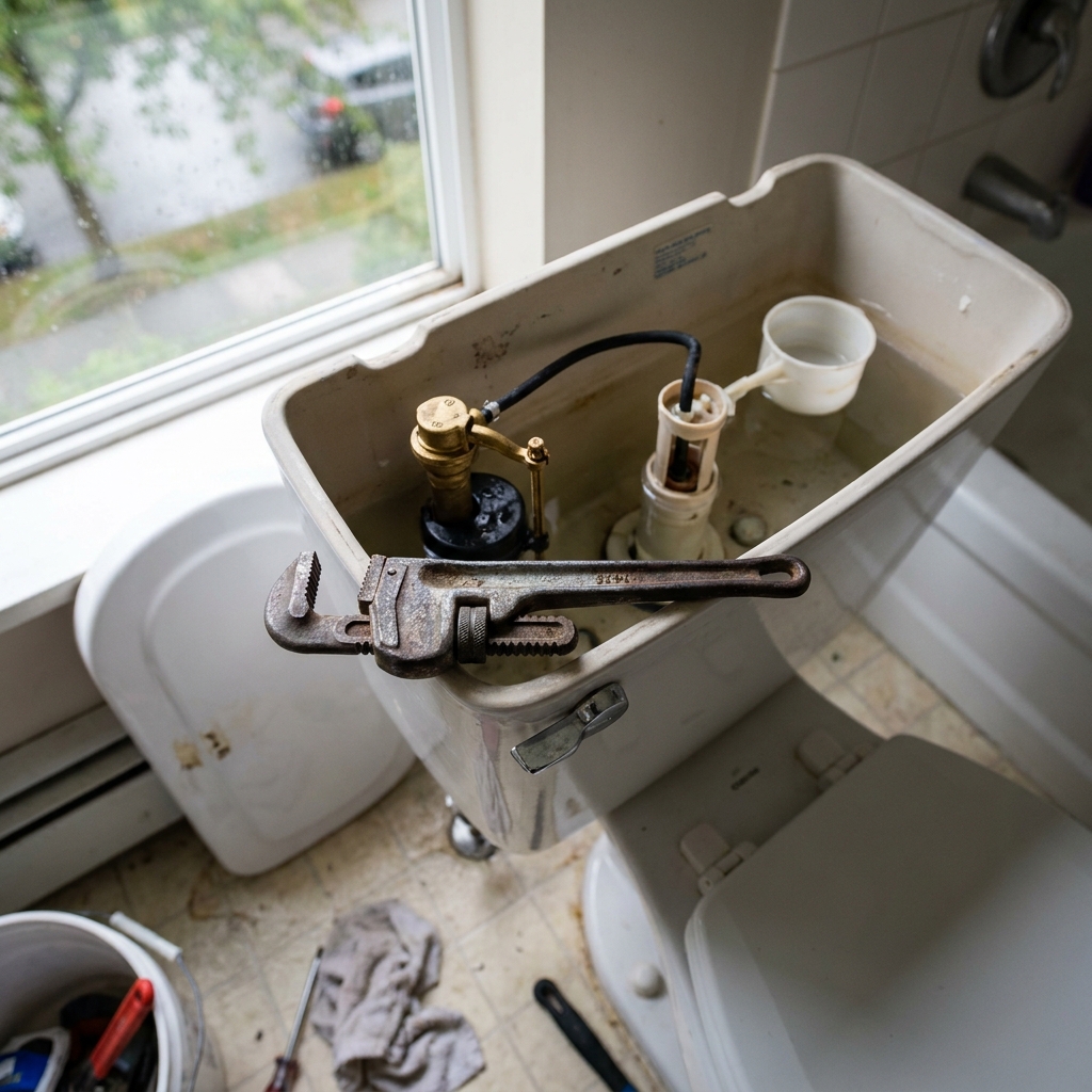 A toilet being repaired with the cistern open